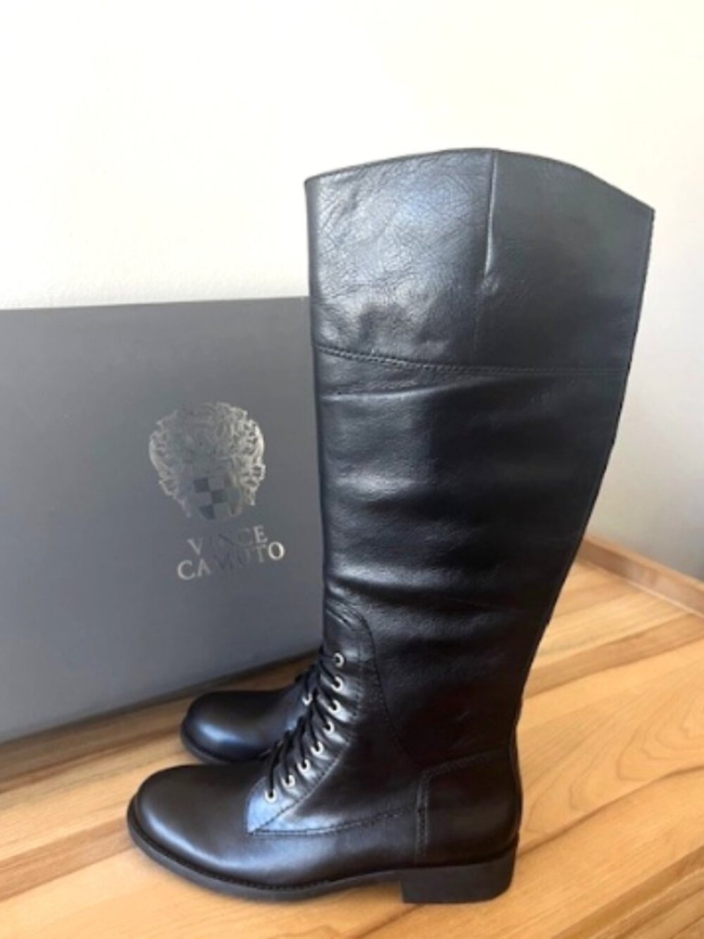 Vince Camuto Kari Tall Leather Boots Black Two‑Tone Calf Zip Size 7.5M NIB - Picture 2 of 5